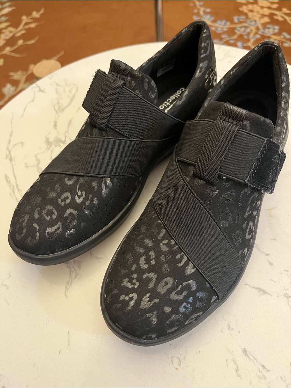 Comfortiva Black Leopard-Print Slip-On  with Elastic Crossover Straps